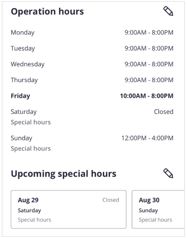 Upcoming special hours on Yelp